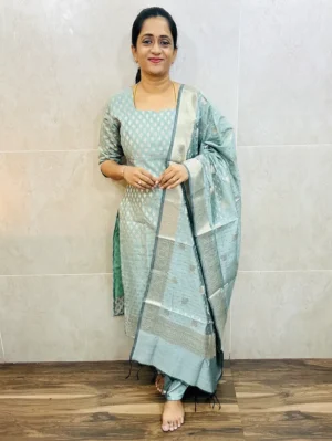 Premium semi raw silk top (cotton lining) with allover weaving paired with zari woven dupatta and semi raw silk bottom (free size)