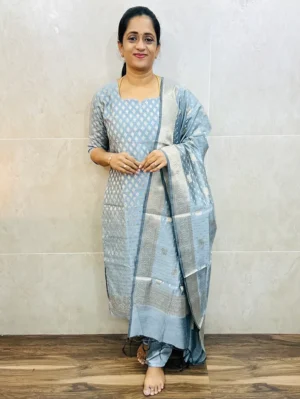 Premium semi raw silk top (cotton lining) with allover weaving paired with zari woven dupatta and semi raw silk bottom (free size)