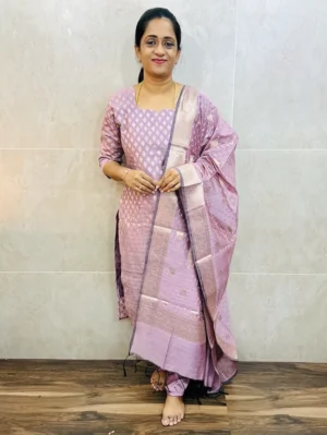 Premium semi raw silk top (cotton lining) with allover weaving paired with zari woven dupatta and semi raw silk bottom (free size)