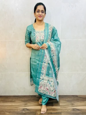 Premium soft tissue silk top(cotton lining) paired with printed soft tissue silk dupatta and santoon bottom(free size)