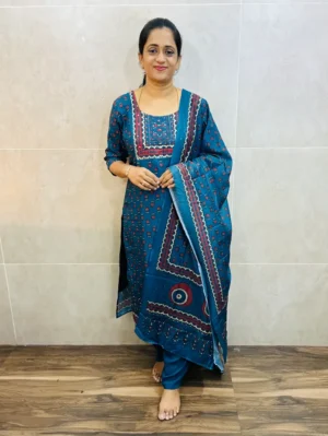 Handblock printed dola silk top(cotton lining) paired with printed soft chanderi silk dupatta and santoon bottom(free size)