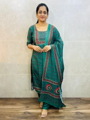 Handblock printed dola silk top(cotton lining) paired with printed soft chanderi silk dupatta and santoon bottom(free size)