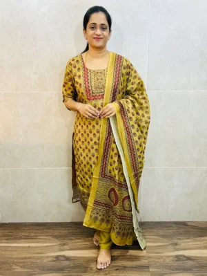 Handblock printed dola silk top(cotton lining) paired with printed soft chanderi silk dupatta and santoon bottom(free size)