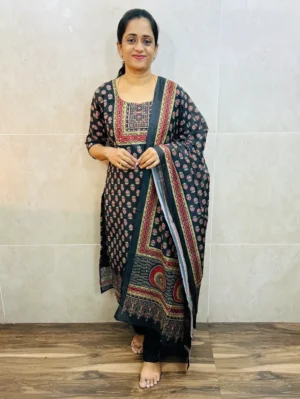 Handblock printed dola silk top(cotton lining) paired with printed soft chanderi silk dupatta and santoon bottom(free size)