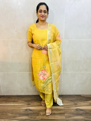 Printed linen cotton top (cotton lining) paired with linen cotton dupatta and Santoon bottom (free size)