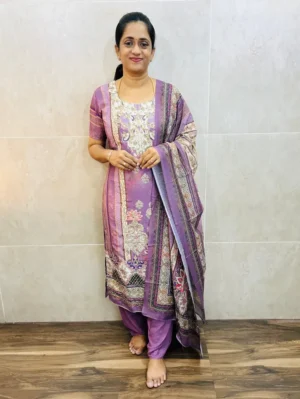 Printed muslin silk top(cotton lining) with allover embroidery paired with muslin silk dupatta and santoon bottom(free size)