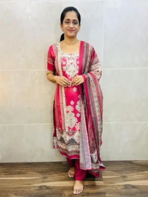 Printed muslin silk top(cotton lining) with allover embroidery paired with muslin silk dupatta and santoon bottom(free size)