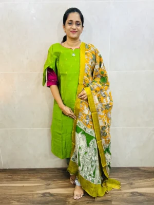 Premium semi raw silk top(cotton lining) paired with chennuri silk kalamkari dupatta and semi raw silk bottom(free size)