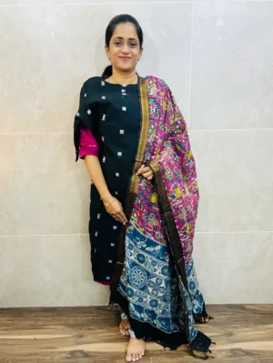Premium semi raw silk top(cotton lining) paired with chennuri silk kalamkari dupatta and semi raw silk bottom(free size)