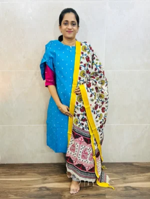 Premium semi raw silk top(cotton lining) paired with chennuri silk kalamkari dupatta and semi raw silk bottom(free size)
