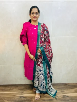 Premium semi raw silk top(cotton lining) paired with chennuri silk kalamkari dupatta and semi raw silk bottom(free size)