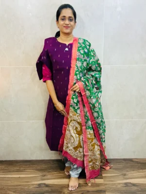 Premium semi raw silk top(cotton lining) paired with chennuri silk kalamkari dupatta and semi raw silk bottom(free size)
