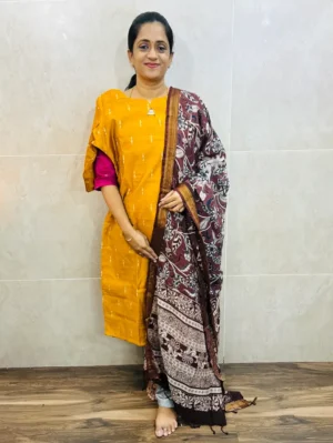 Premium semi raw silk top(cotton lining) paired with chennuri silk kalamkari dupatta and semi raw silk bottom(free size)