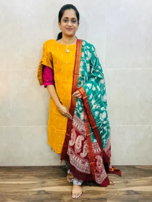 Premium semi raw silk top(cotton lining) paired with chennuri silk kalamkari dupatta and semi raw silk bottom(free size)