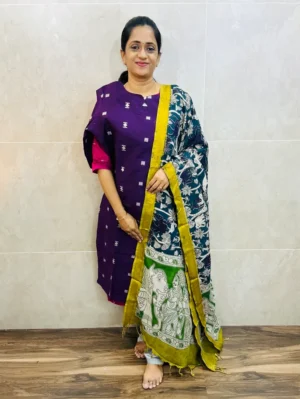 Premium semi raw silk top(cotton lining) paired with chennuri silk kalamkari dupatta and semi raw silk bottom(free size)