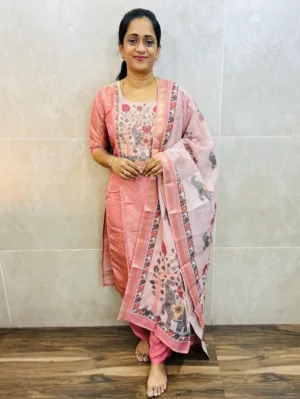 Printed soft tissue silk top(cotton lining)with handwork on yoke paired with printed soft tissue silk dupatta and santoon bottom(free size)