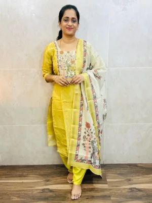 Printed soft tissue silk top(cotton lining)with handwork on yoke paired with printed soft tissue silk dupatta and santoon bottom(free size)