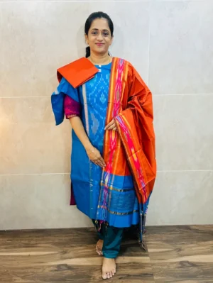 Premium Pochampally handloom silk cotton top (cotton lining) paired with silk cotton dupatta and silk bottom (Free size)