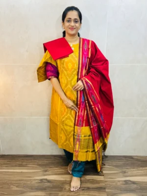 Premium Pochampally handloom silk cotton top (cotton lining) paired with silk cotton dupatta and silk bottom (Free size)