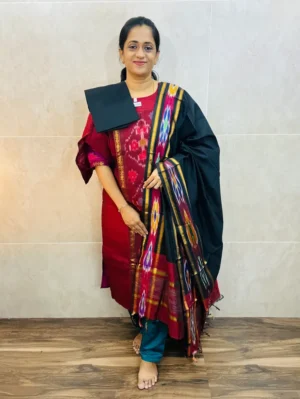 Premium Pochampally handloom silk cotton top (cotton lining) paired with silk cotton dupatta and silk bottom (Free size)