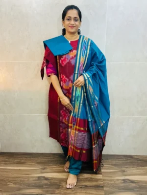Premium Pochampally handloom silk cotton top (cotton lining) paired with silk cotton dupatta and silk bottom (Free size)