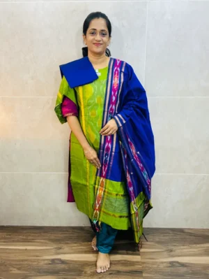 Premium Pochampally handloom silk cotton top (cotton lining) paired with silk cotton dupatta and silk bottom (Free size)