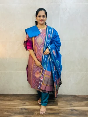 Premium Pochampally handloom silk cotton top (cotton lining) paired with silk cotton dupatta and silk bottom (Free size)