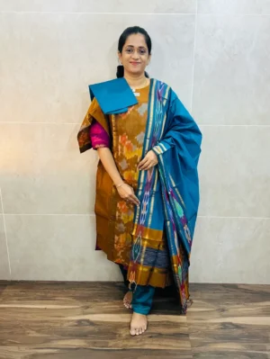 Premium Pochampally handloom silk cotton top (cotton lining) paired with silk cotton dupatta and silk bottom (Free size)