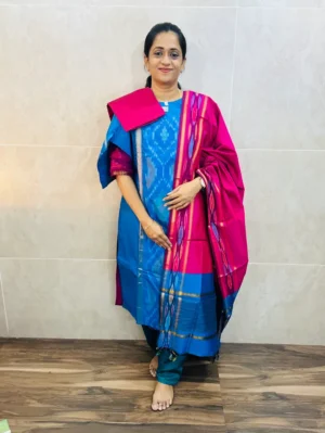 Premium Pochampally handloom silk cotton top (cotton lining) paired with silk cotton dupatta and silk bottom (Free size)