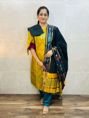 Premium Pochampally handloom silk cotton top (cotton lining) paired with silk cotton dupatta and silk bottom (Free size)