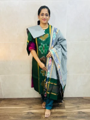 Premium Pochampally handloom silk cotton top (cotton lining) paired with silk cotton dupatta and silk bottom (Free size)