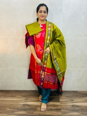 Premium Pochampally handloom silk cotton top (cotton lining) paired with silk cotton dupatta and silk bottom (Free size)