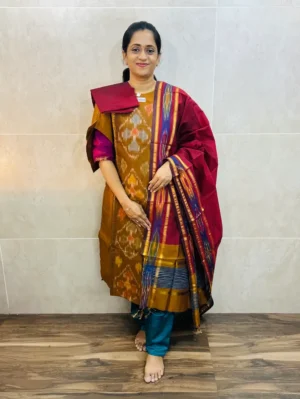 Premium Pochampally handloom silk cotton top (cotton lining) paired with silk cotton dupatta and silk bottom (Free size)