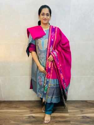 Premium Pochampally handloom silk cotton top (cotton lining) paired with silk cotton dupatta and silk bottom (Free size)