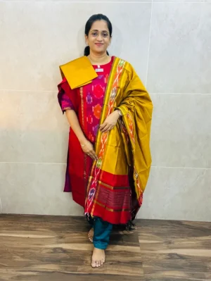 Premium Pochampally handloom silk cotton top (cotton lining) paired with silk cotton dupatta and silk bottom (Free size)