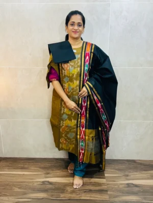 Premium Pochampally handloom silk cotton top (cotton lining) paired with silk cotton dupatta and silk bottom (Free size)