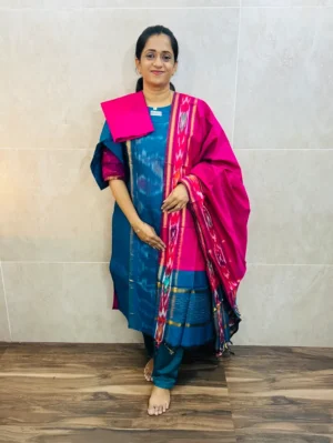 Premium Pochampally handloom silk cotton top (cotton lining) paired with silk cotton dupatta and silk bottom (Free size)