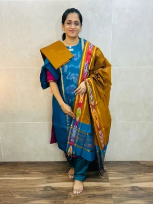 Premium Pochampally handloom silk cotton top (cotton lining) paired with silk cotton dupatta and silk bottom (Free size)