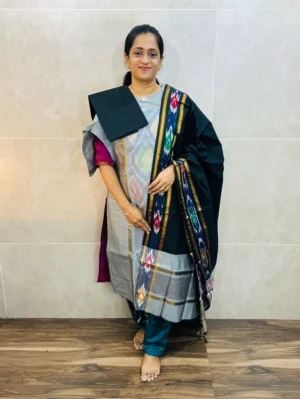 Premium Pochampally handloom silk cotton top (cotton lining) paired with silk cotton dupatta and silk bottom (Free size)