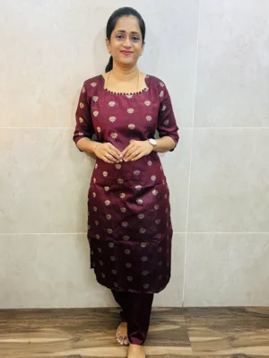 Semi Raw silk top (cotton lining) with allover zari weaving buttas paired with semi raw silk bottom (free size)