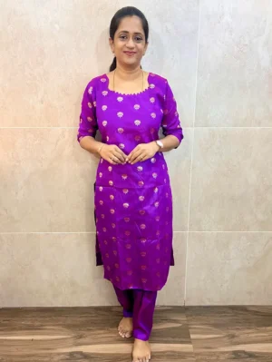 Semi Raw silk top (cotton lining) with allover zari weaving buttas paired with semi raw silk bottom (free size)