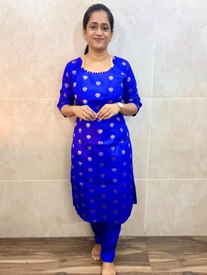 Semi Raw silk top (cotton lining) with allover zari weaving buttas paired with semi raw silk bottom (free size)