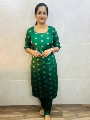 Semi Raw silk top (cotton lining) with allover zari weaving buttas paired with semi raw silk bottom (free size)