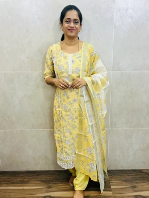 Printed linen cotton top (cotton lining) with all over crochet lace work paired with linen cotton dupatta and Santoon bottom (free size)