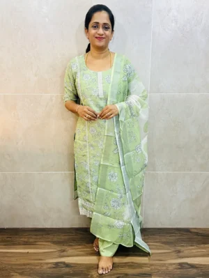 Printed linen cotton top (cotton lining) with all over crochet lace work paired with linen cotton dupatta and Santoon bottom (free size)