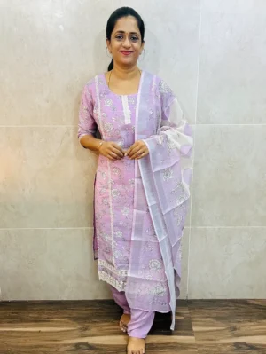 Printed linen cotton top (cotton lining) with all over crochet lace work paired with linen cotton dupatta and Santoon bottom (free size)