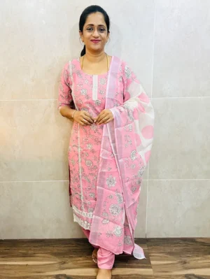 Printed linen cotton top (cotton lining) with all over crochet lace work paired with linen cotton dupatta and Santoon bottom (free size)