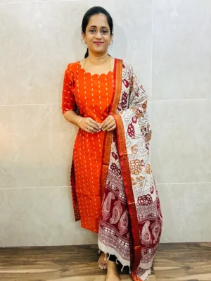 Premium semi raw silk top(cotton lining) paired with chennuri silk kalamkari dupatta
