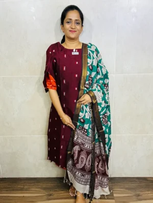 Premium semi raw silk top(cotton lining) paired with chennuri silk kalamkari dupatta