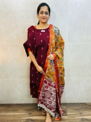 Premium semi raw silk top(cotton lining) paired with chennuri silk kalamkari dupatta